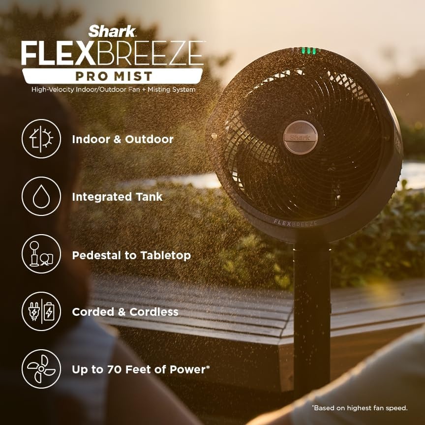image:imageShark FlexBreeze Pro Mist Fan Indoor amp Outdoor Oscillating Cooling Fan with Misting for Home amp Patio Floor amp Tabletop Portable Cordless amp Corded 24Hr Battery Remote White FA302WHGrey FlexBreeze ProMist w Portable Tank