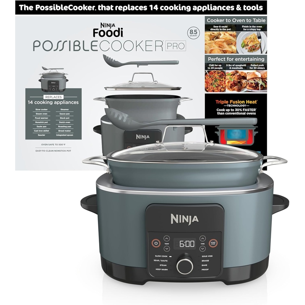 image:imageNinja 12in1 PossibleCooker PLUS  85qt  Sous Vide amp Proof MultiCooker  Slow Cooker Dutch Oven amp More  Glass Lid amp Integrated Spoon  Nonstick  Oven Safe Pot to 500F  Black  MC1010Gray