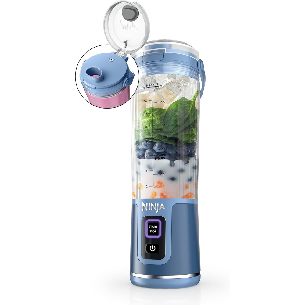 image:imageNinja Blast Portable Blender Cordless 18oz Vessel Personal Blender ForShakes and Smoothies BPA Free LeakproofLid and Sip Spout USBC Rechargeable Dishwasher Safe Parts Tinted Aqua BC151AQDenim Blue