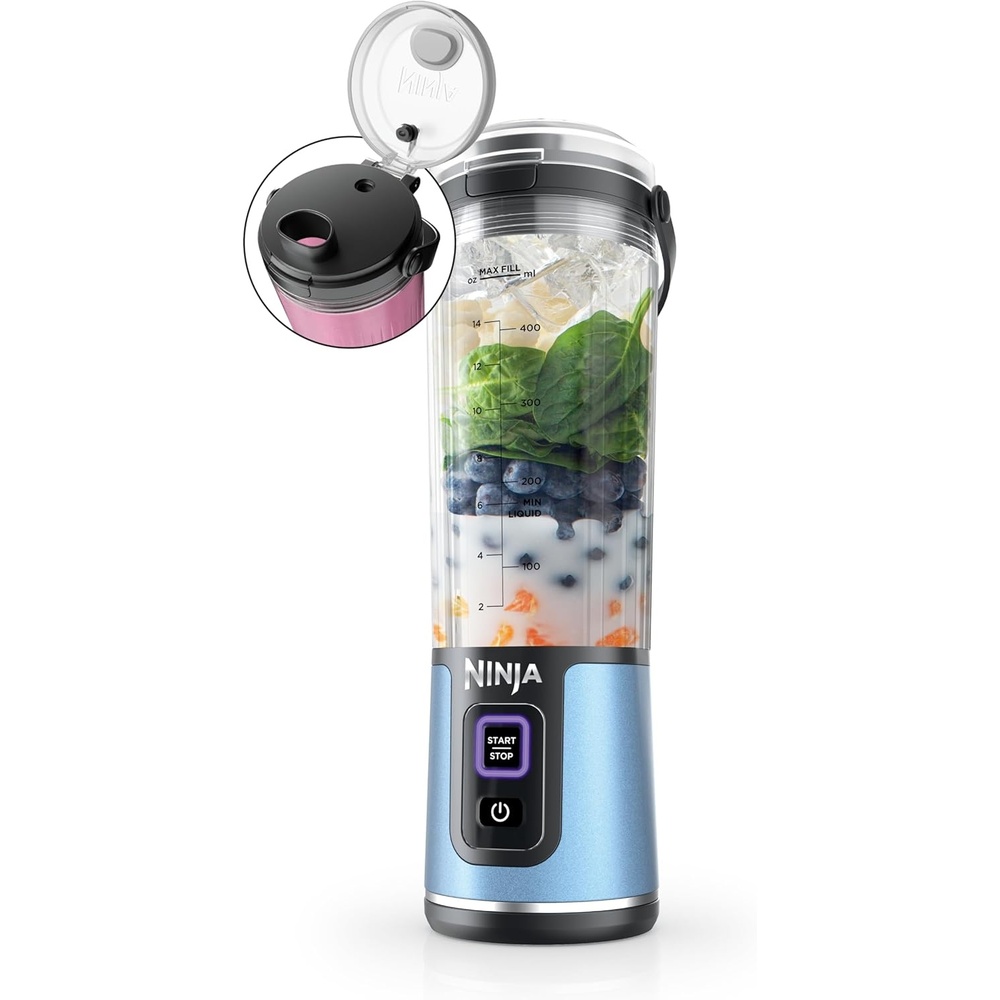 image:imageNinja Blast Portable Blender Cordless 18oz Vessel Personal Blender ForShakes and Smoothies BPA Free LeakproofLid and Sip Spout USBC Rechargeable Dishwasher Safe Parts Tinted Aqua BC151AQMetallic Blue