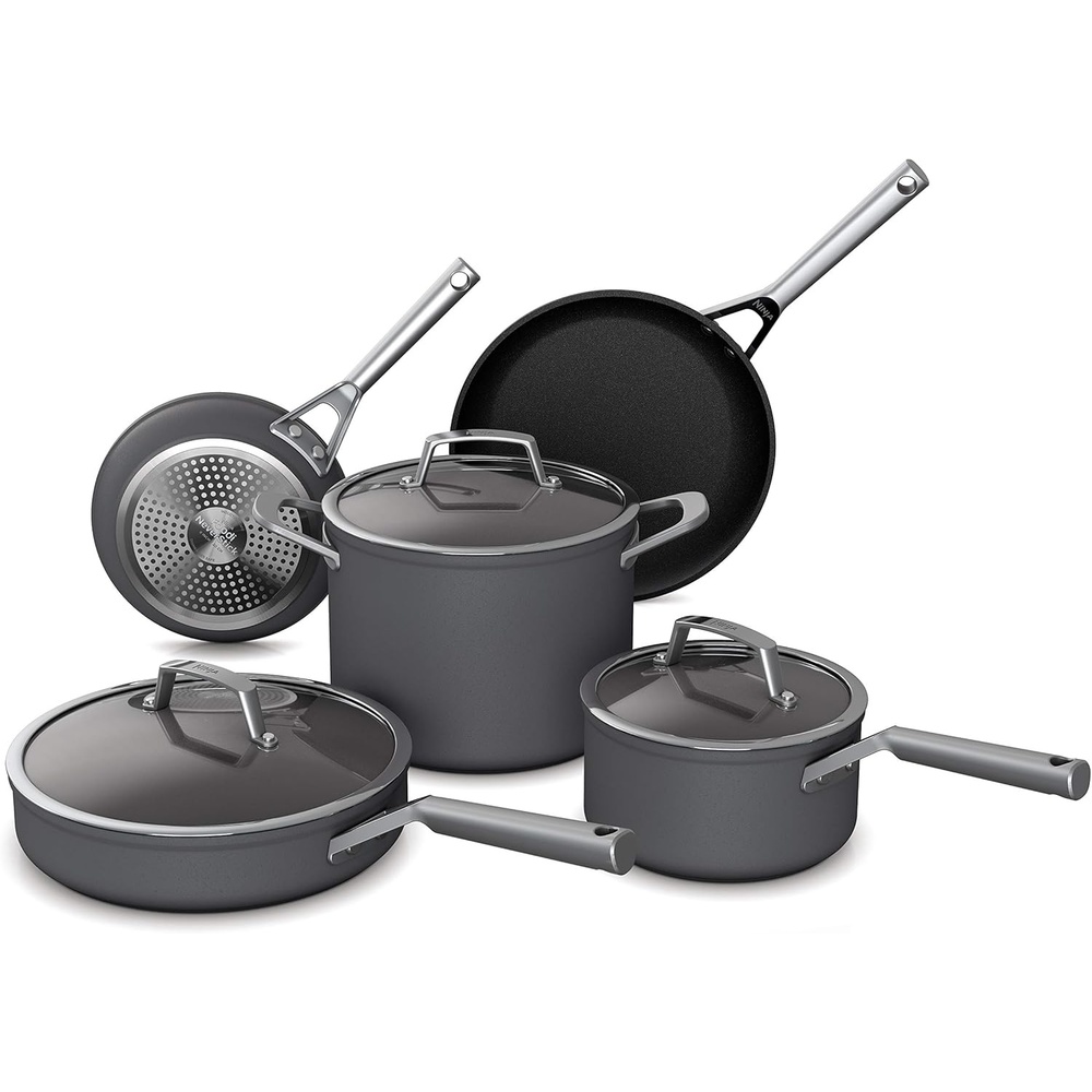 image:imageNinja C33000 Foodi NeverStick Premium 3Piece Cookware Set 12Inch Fry Pan 5Quart Saut Pan with Glass Lid HardAnodized Nonstick Durable amp Oven Safe to 500F Slate Grey8Piece Set