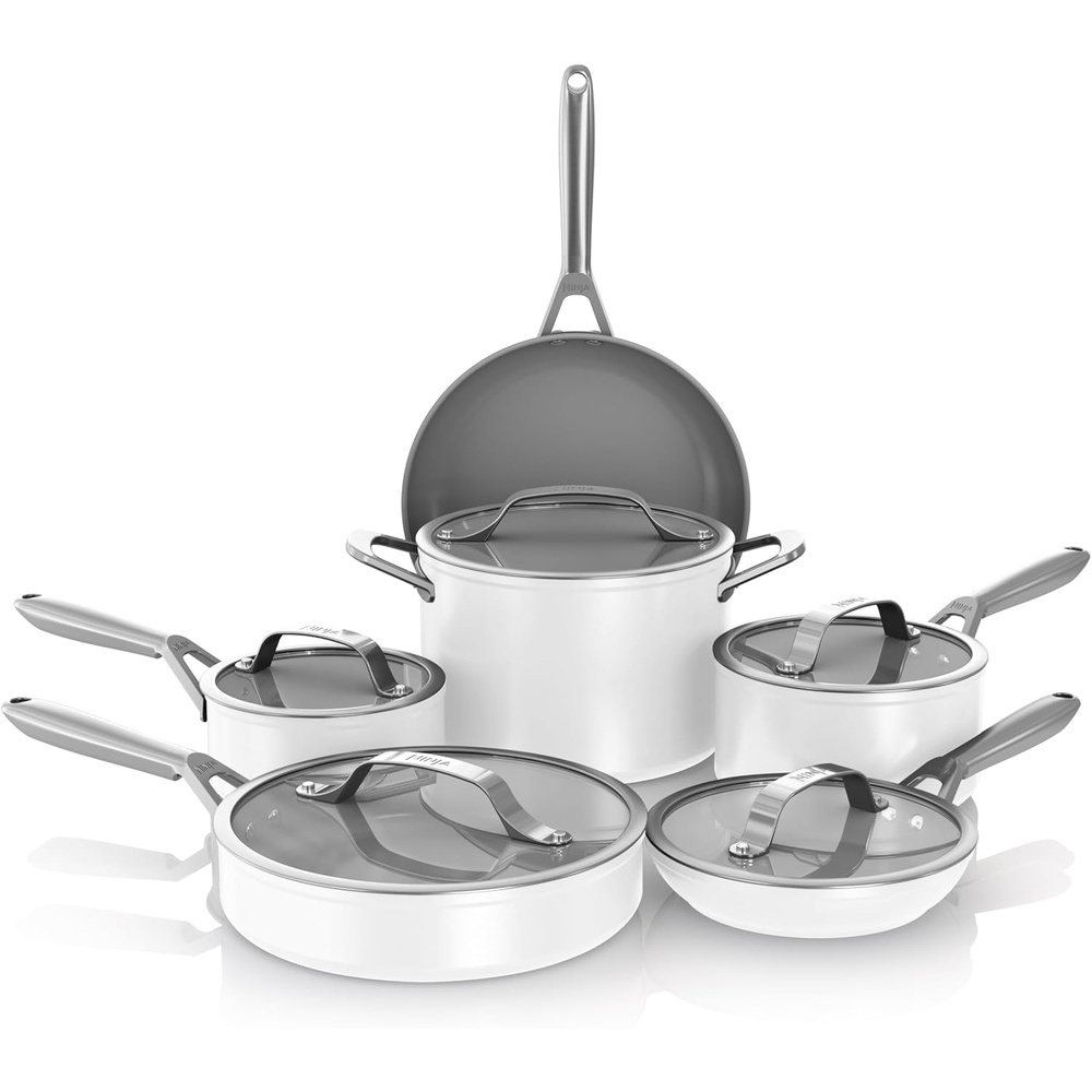 image:imageNinja Ceramic Pro 11Piece Cookware Set NonStick Pots amp Pans Set with Glass Lids Nontoxic PTFE Free Ceramic Coated Oven Safe All Stovetops amp Induction Compatible British Racing Green CW39011GNWhite