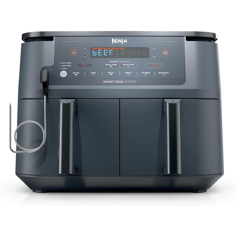 image:imageNinja Foodi Air Fryer wSmart Cook Thermometer  6in1 Air Fry Roast Bake Dehydrate amp More  DualZone Match Cook amp Smart Finish 2 Independent Baskets  XL 10 Qt Stainless Steel  GreyDZ550GY10QT wThermometer GREY