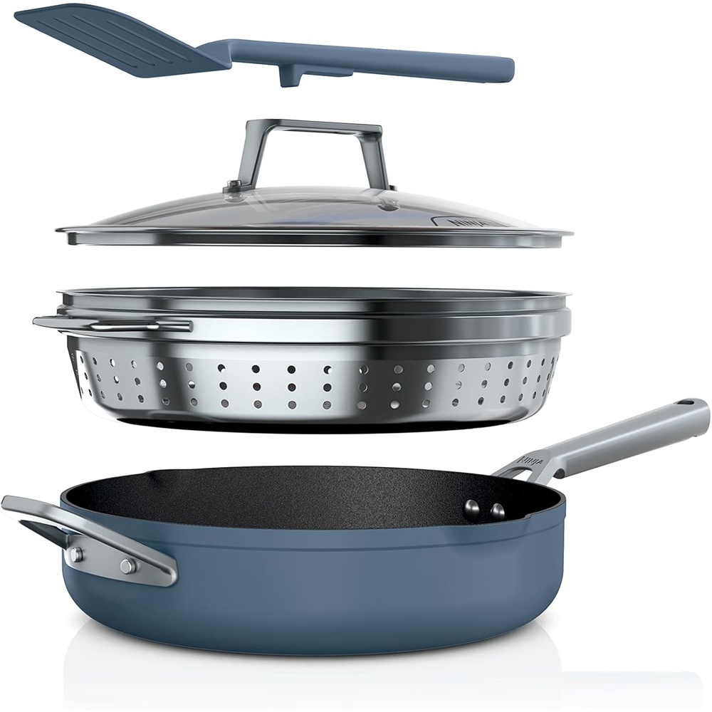image:imageNinja Foodi NeverStick 4 Quart Pan with Lid Strainer amp Spatula Oven Safe Sea Salt GreyMacaron Blue
