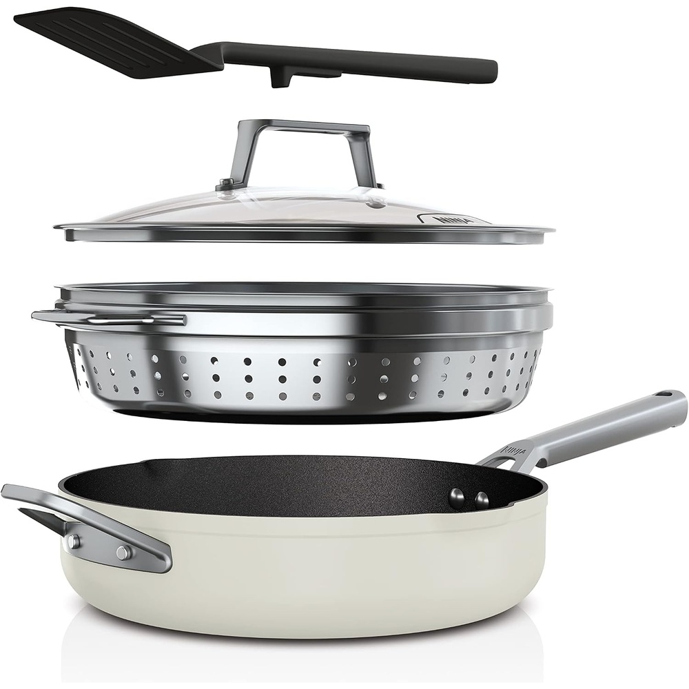 image:imageNinja Foodi NeverStick 4 Quart Pan with Lid Strainer amp Spatula Oven Safe Sea Salt GreyVanilla Bean