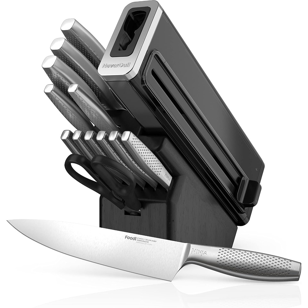image:imageNinja K52013 Foodi NeverDull Premium 13 Piece German Stainless Steel Wood Series Knife System with Builtin Sharpener Walnut StainBlackStainless