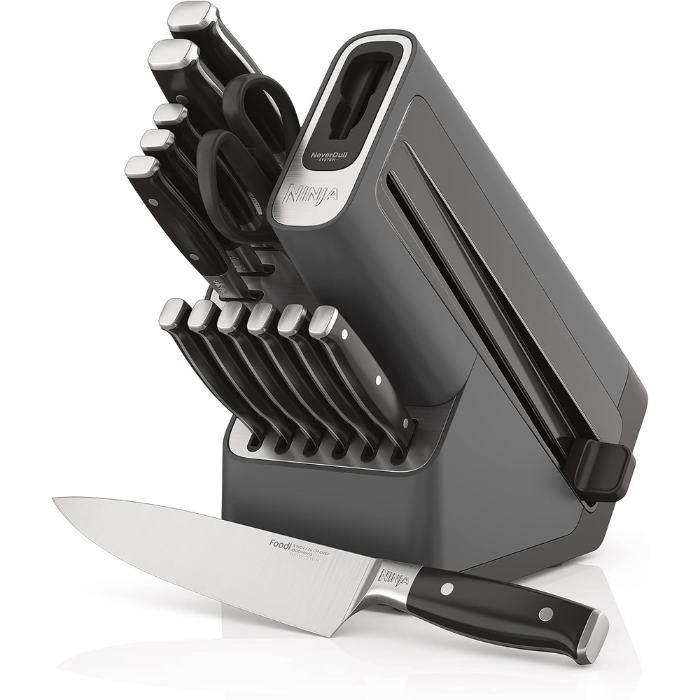 image:imageNinja NeverDull Knife Block Set  17 Piece Kitchen Knife System with Builtin Sharpener  Rust Resistant German StainlessSteel Knives  Black  K3201714Piece