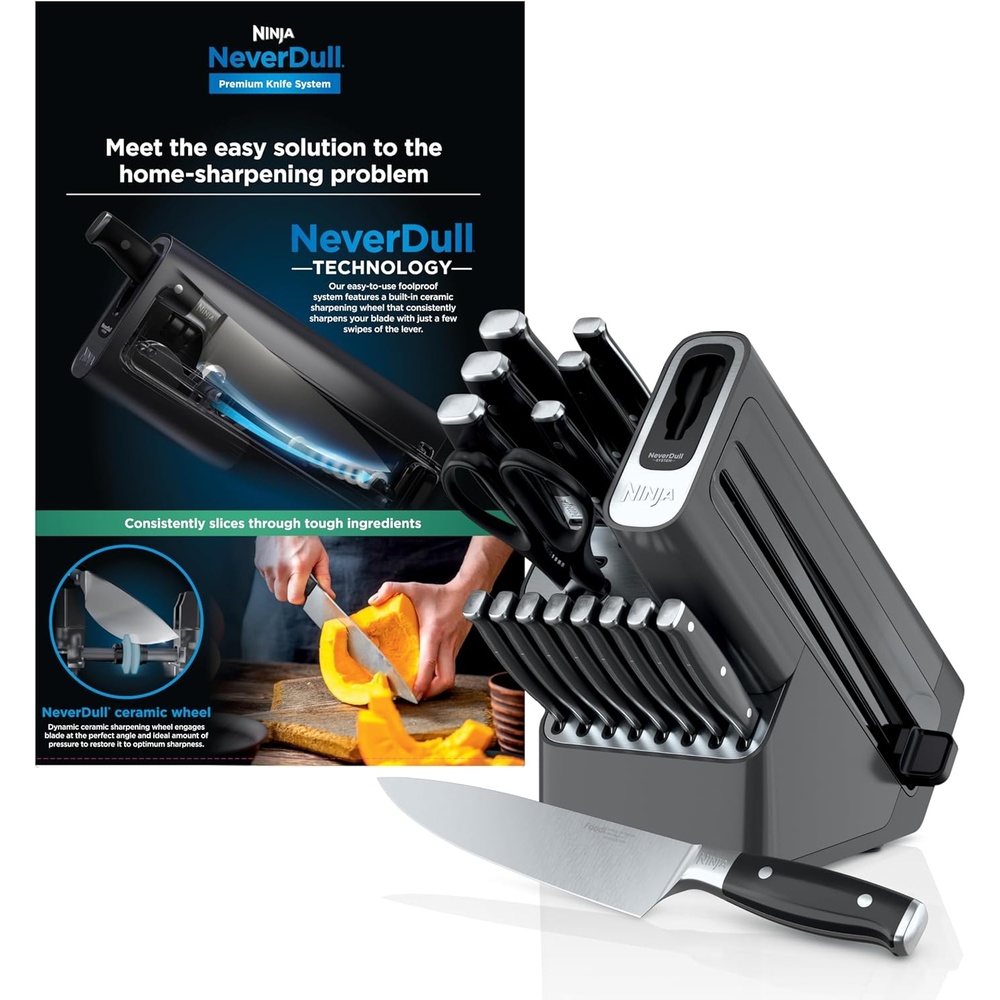 image:imageNinja NeverDull Knife Block Set  17 Piece Kitchen Knife System with Builtin Sharpener  Rust Resistant German StainlessSteel Knives  Black  K3201717Piece