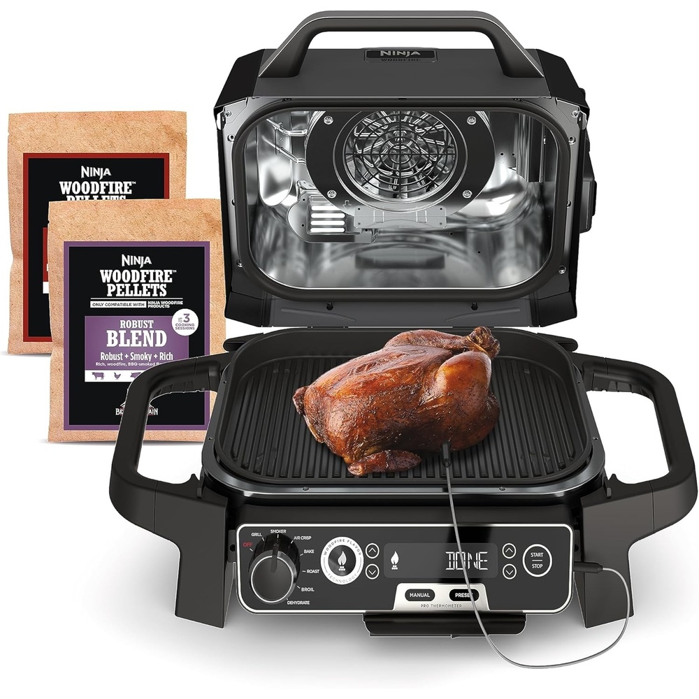image:imageNinja OG751 Woodfire Pro Outdoor Grill BuiltIn Thermometer7in1 Master GrillBBQ Smokeramp Outdoor Air Fryer Plus BakeRoastDehydrate amp BroilWoodfire TechnologyWeatherResistantGrey XL7in1 GrillThermometer