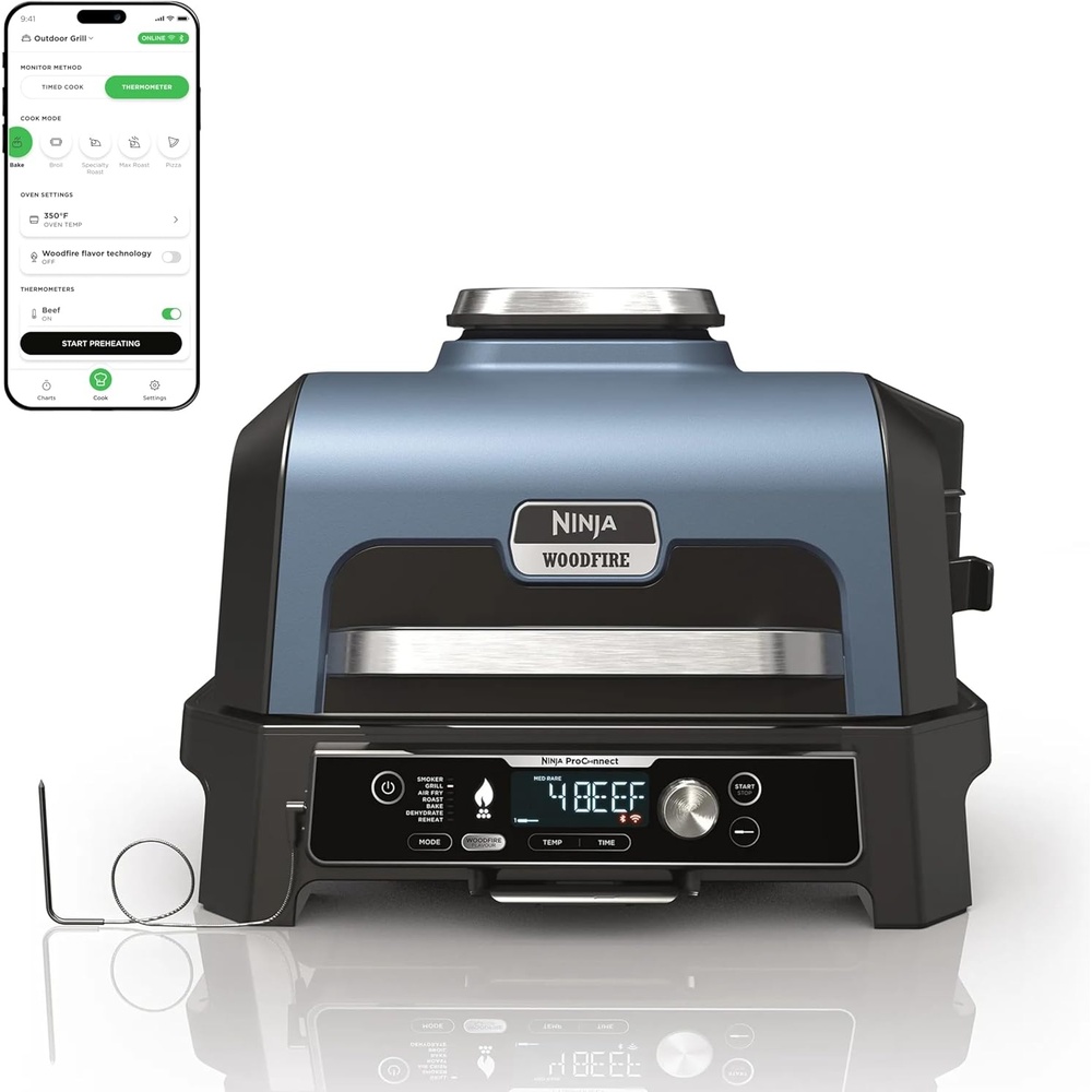 image:imageNinja OG951 Woodfire Pro Connect Premium XL Outdoor Grill amp Smoker Bluetooth App Enabled 7in1 Master Grill BBQ Smoker Outdoor Air Fryer Woodfire Technology 2 BuiltIn Thermometers BlackBlueBlack  Blue