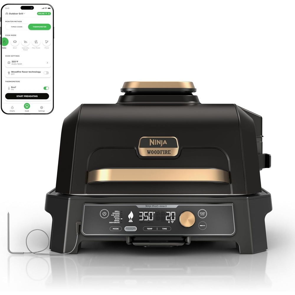 image:imageNinja OG951 Woodfire Pro Connect Premium XL Outdoor Grill amp Smoker Bluetooth App Enabled 7in1 Master Grill BBQ Smoker Outdoor Air Fryer Woodfire Technology 2 BuiltIn Thermometers BlackBlueBlack  Gold
