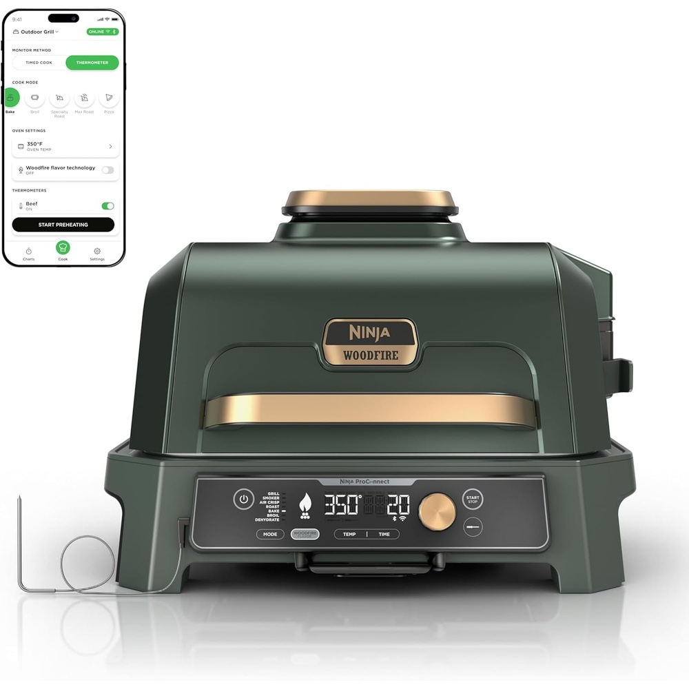 image:imageNinja OG951 Woodfire Pro Connect Premium XL Outdoor Grill amp Smoker Bluetooth App Enabled 7in1 Master Grill BBQ Smoker Outdoor Air Fryer Woodfire Technology 2 BuiltIn Thermometers BlackBlueGreen  Gold