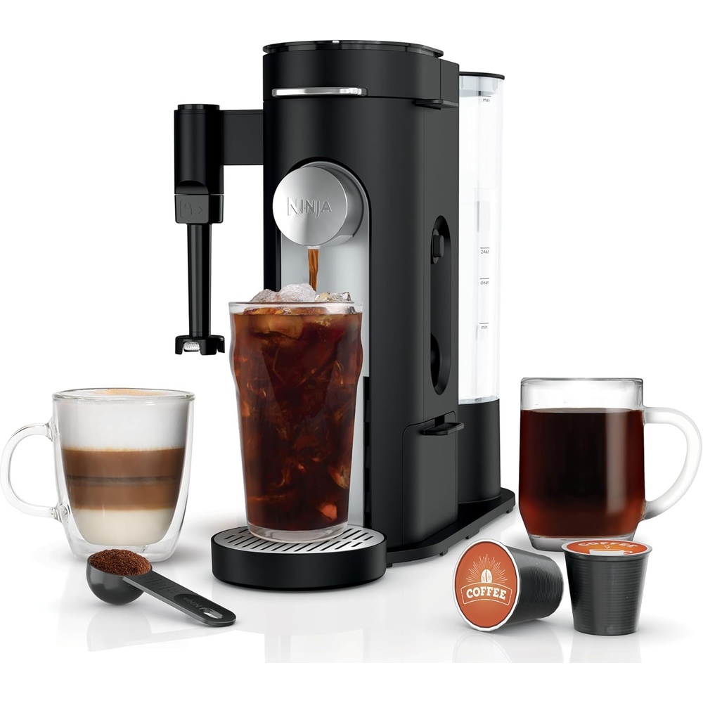 image:imageNinja Pod amp Grounds Specialty XL SingleServe Coffee Maker KCup Pod Compatible Brews Grounds Compact Design BuiltIn Milk Frother 68oz Reservoir 6oz Cup24oz Mug Sizes Denim Blue PB055ABLStandardBlack