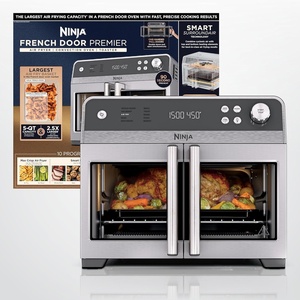Ninja | French Door Premier Air fry Oven | 10-in-1 functions | 20.3-qt capacity | 5-qt Air Fry Basket, Sheet Pan, Wire Rack, Broil Rack | PFAS-free, Dishwasher-Safe Accessories | Cyberspace | FO101BL(Silver)