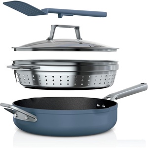Ninja Foodi NeverStick 4 Quart Pan with Lid, Strainer, & Spatula, Oven Safe, Sea Salt Grey(Macaron Blue)