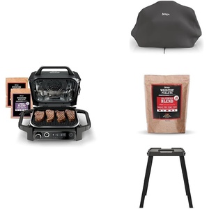 Ninja OG751 Woodfire Pro Outdoor Grill with Built-In Thermometer, 7-in-1 Master Grill, BBQ Smoker&Outdoor Air Fryer plus Bake,Roast, Dehydrate,&Broil,Woodfire Technology,with All Purpose Blend Pellets(Cover  2lb Pellets  Stand)