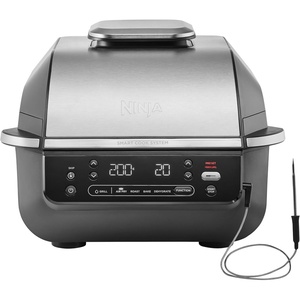 Ninja 5-in-1 Oil-Free Indoor Grill & Deep Fryer, 5 Modes, Cooks Up to 4 Burgers, 5.7L Capacity, Low Smoke Digital Meat Thermometer Included, Black/Silver, EG351EU